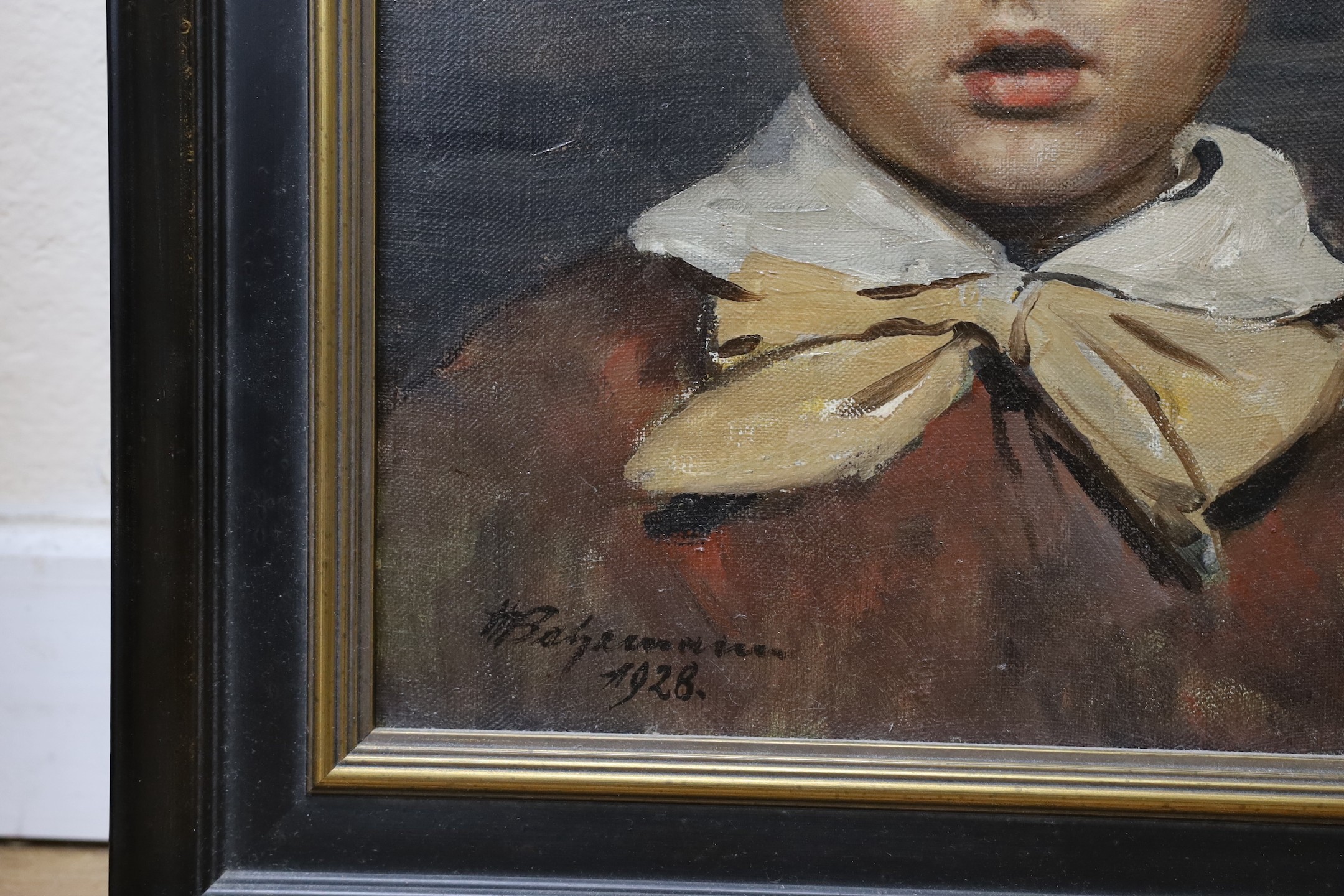 German School, oil on canvas, portrait of a young boy, indistinctly signed and dated 1928, 39 x 33cm.